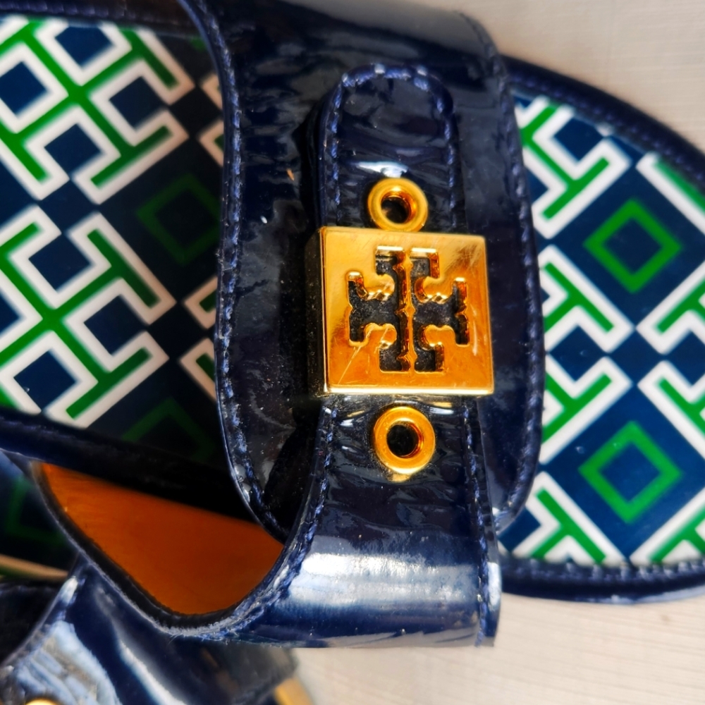 TORY BURCH navy blue DIXON WOODEN SLIDES CLOGS SANDALS size 10 - Picture 1 of 6